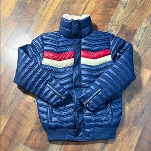 Robert Phillipe Blue Puffer Jacket Stripe Detail Sherpa Lined Size Medium